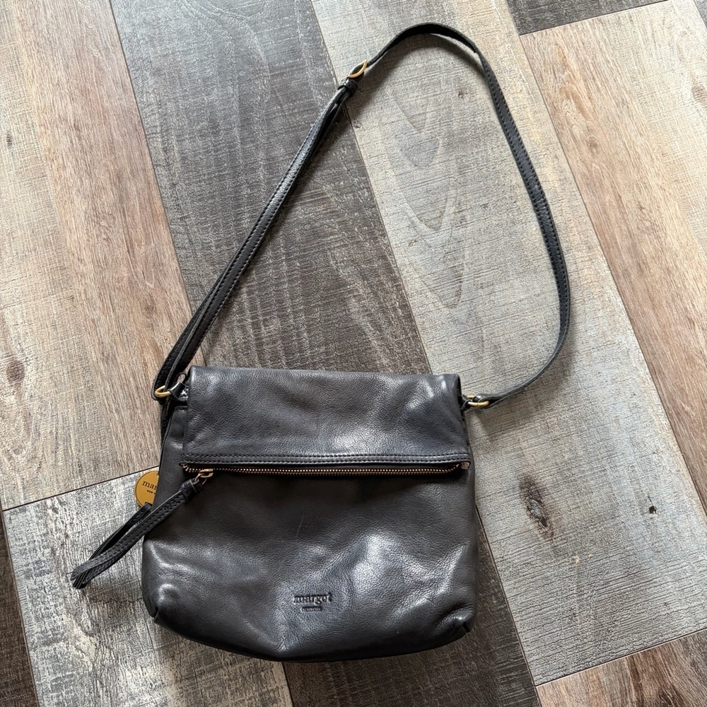 Margot New York Black Genuine Leather Foldover Crossbody Bag Double Zip